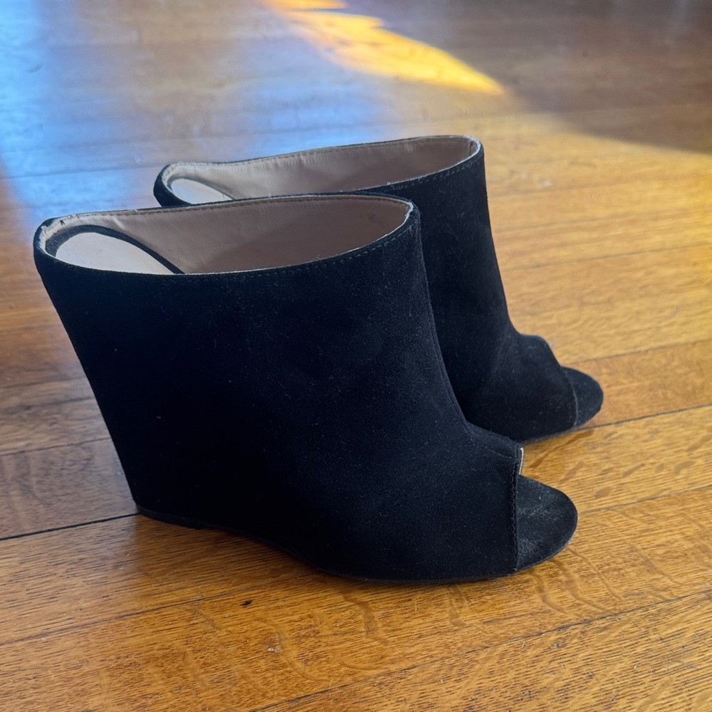 Black Faux Suede Peep-Toe Wedges